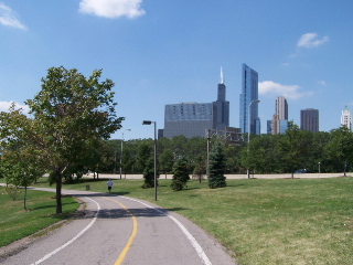 partial view of the Chicago skyline from the lakefront trail